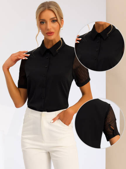 Allegra K- Button Down Sheer Point Collar Top