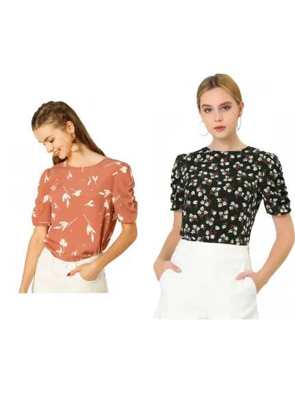 Allegra K- Floral Shirred Short Sleeve Blouse 2-Pack