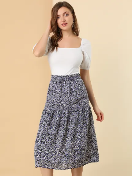 Allegra K- Vintage A-Line Elastic Waist Floral Midi Skirt