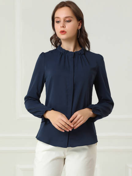 Allegra K- Ruffled Trim Stand Collar Long Sleeve Blouse