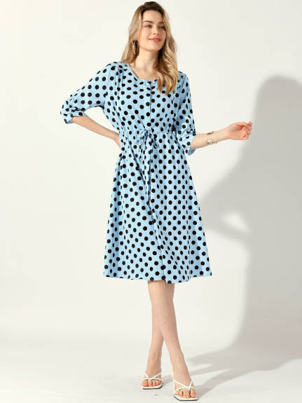 Allegra K - Polka Dots Ruched Sleeve Midi Dress