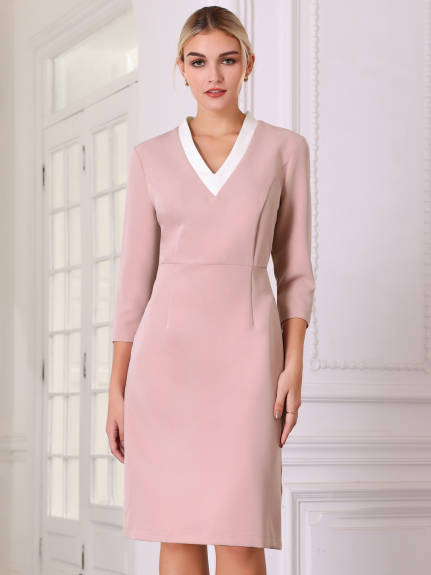 Hobemty - Contrast Color V-Neck Work Sheath Dress