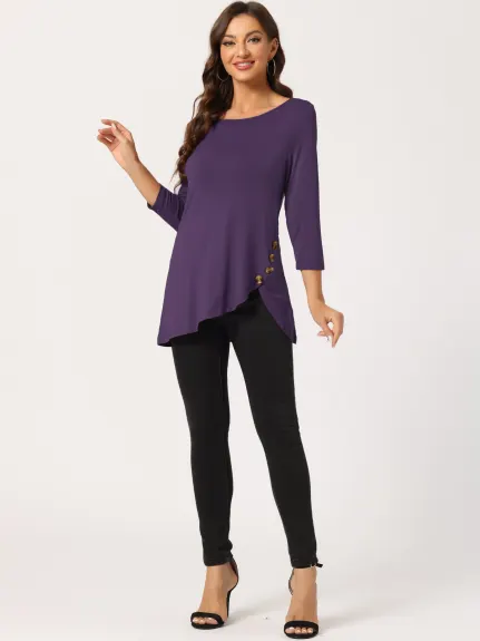 Allegra K- 3/4 Sleeve Tunic Asymmetry Button Top