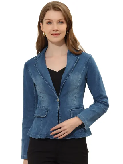 Allegra K- Notched Lapel One Button Washed Denim Blazer