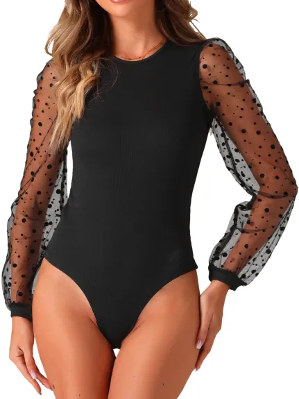 Allegra K - Long Sleeve Mesh Panel Bodysuit