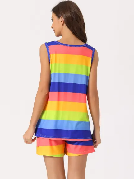 cheibear - Rainbow Stripe Lounge Outfits with Pockets