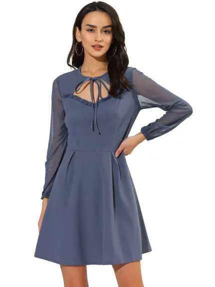 Allegra K- Tie Neck Mini-robe à manches longues en maille à volants