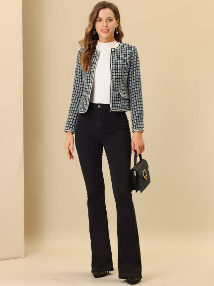 Allegra K- Plaid Tweed Open Front Short Blazer