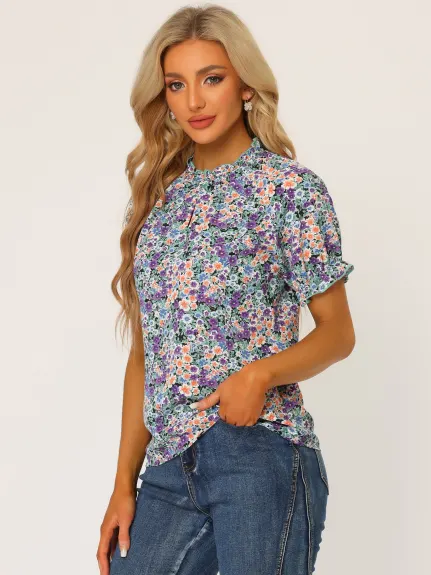 Allegra K- Floral Short Sleeve Ruffle Neck Blouse