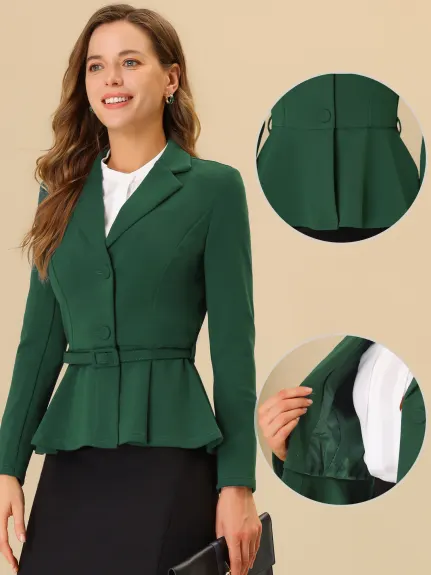 Allegra K- Vintage Blazer Ruffle Hem Belted Notched Lapel