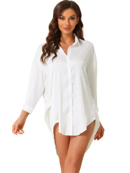 cheibear - Button Down Shirt Dress Satin Nightgown