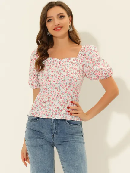 Allegra K- Puff Sleeve Sweetheart Neck Smocked Floral Top