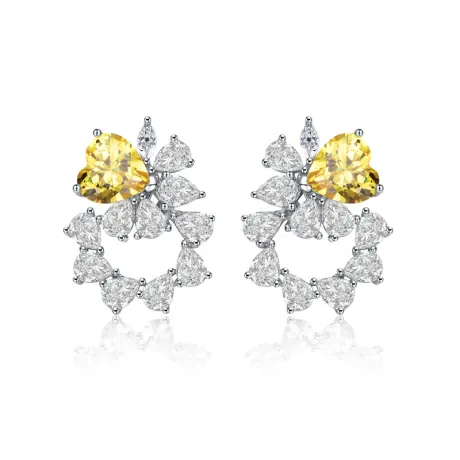 Genevive Sterling Silver White Gold Plated with Yellow Cubic Zirconia Floral Stud Butterfly Earrings