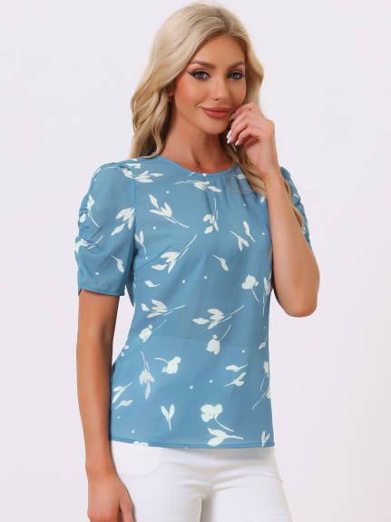 Allegra K- Floral Crew Neck Shirred Short Sleeve Blouse