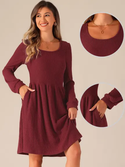 Allegra K - Scoop Neck Long Puff Sleeve Sweater Dress