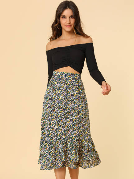 Allegra K- Zipper Printed Chiffon Ruffle Tiered Midi Skirt