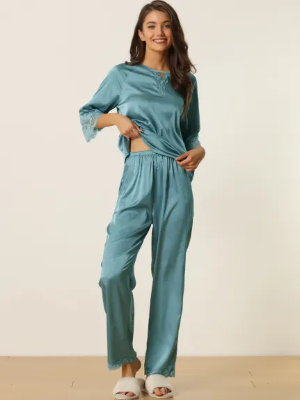 cheibear - Lace 3/4 Sleeves Lounge with Pants Pajama Set