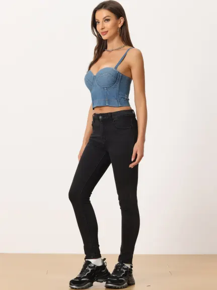 Allegra K - Denim Push Up Crop Bustier Top