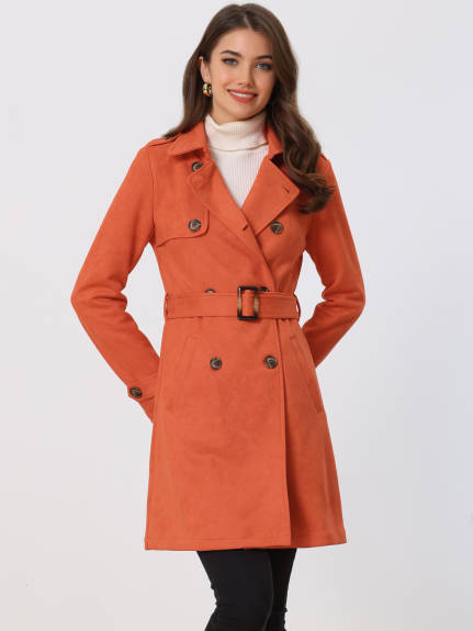 Allegra K- Notched Lapel Double Breasted Faux Suede Trenchcoat