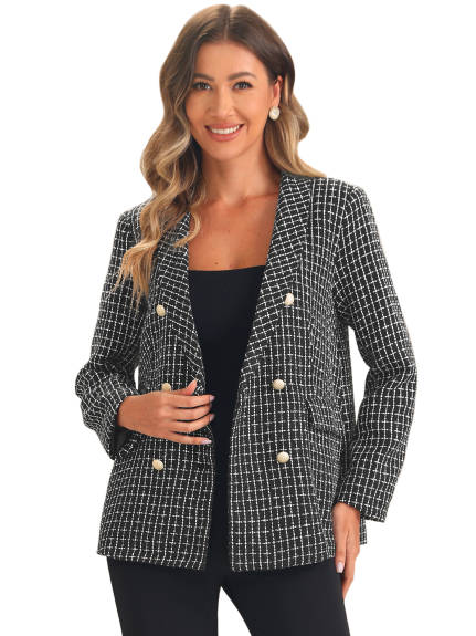 Allegra K - Tweed Button Front Plaid Blazer