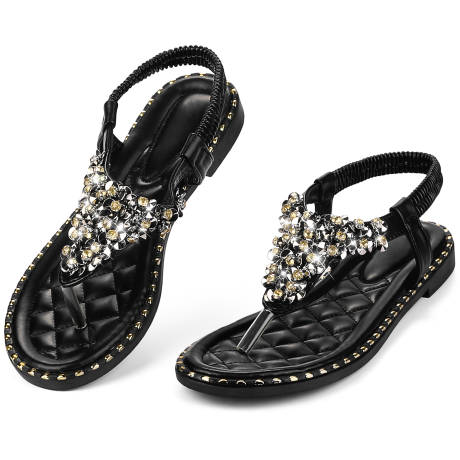 Allegra K - Rhinestone T-Strap Boho Dressy Flat Sandals