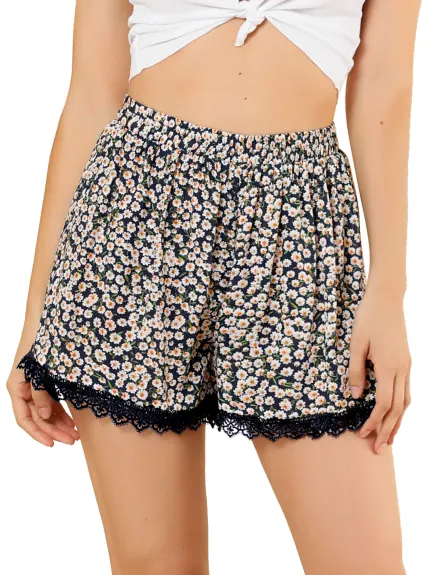 Allegra K - Summer Floral Printed Lace Trim Beach Shorts