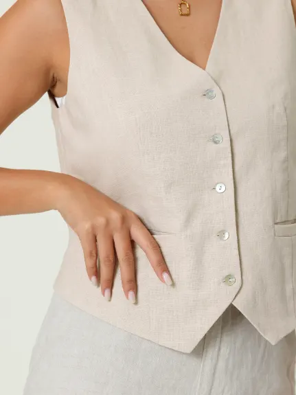 Hobemty- Linen Vest Sleeveless Button Down Waistcoat