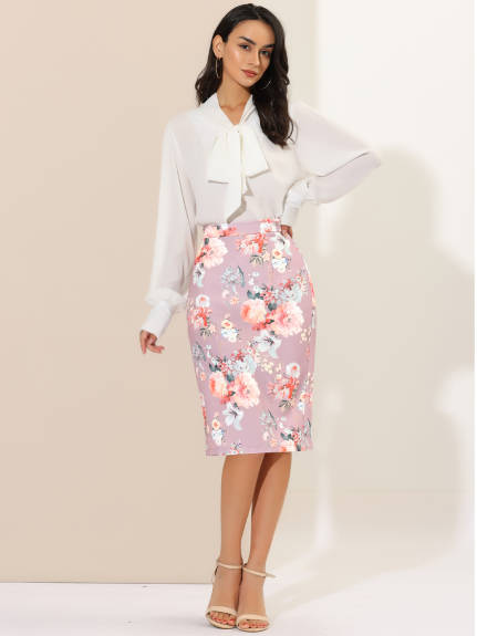 Allegra K- Back Slit Floral Knee Length Pencil Skirt