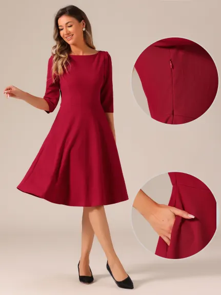 Allegra K - Robe de bureau mi-longue à manches courtes et col bateau