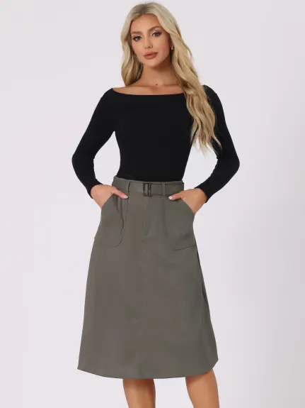 Allegra K- Faux Suede Pockets A-Line Midi Skirt