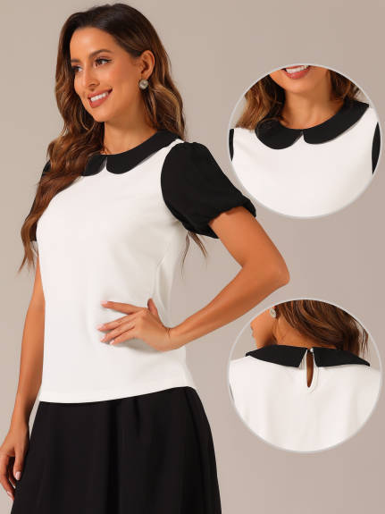 Allegra K- Peter Pan Collar Contrast Puff Top