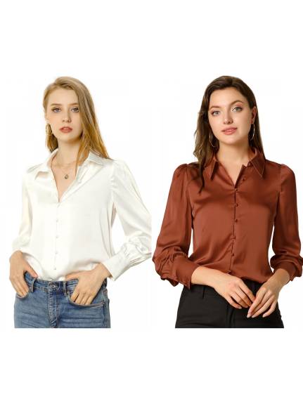 Allegra K- Satin Puff Sleeve Shirts Pack, White Combo 1