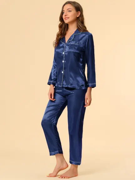 Allegra K - Satin Button Down Lounge Pajama Sets