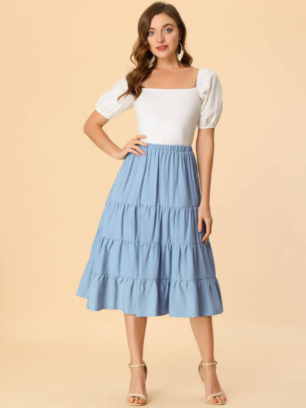 Allegra K- Elastic Waist Tiered A-Line Midi Skirt