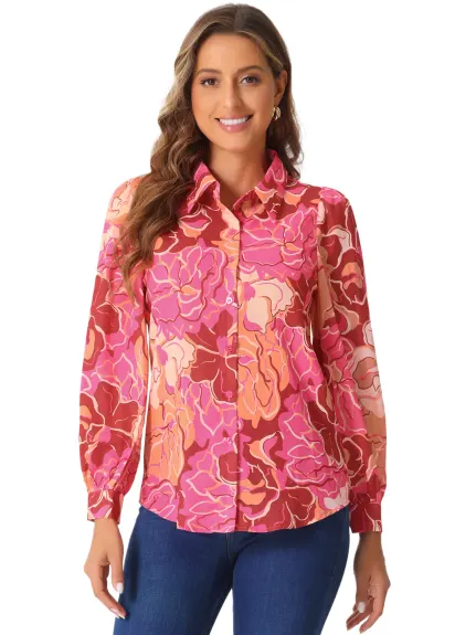 Allegra K - Floral Print Long Puff Sleeve Shirt