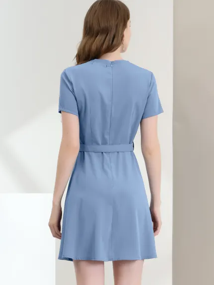 Allegra K- V Neck Short Sleeve A-Line Belted Elegant Dress