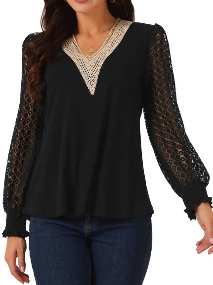 Allegra K - Lace V Neck Hallow Out Sleeve Blouse