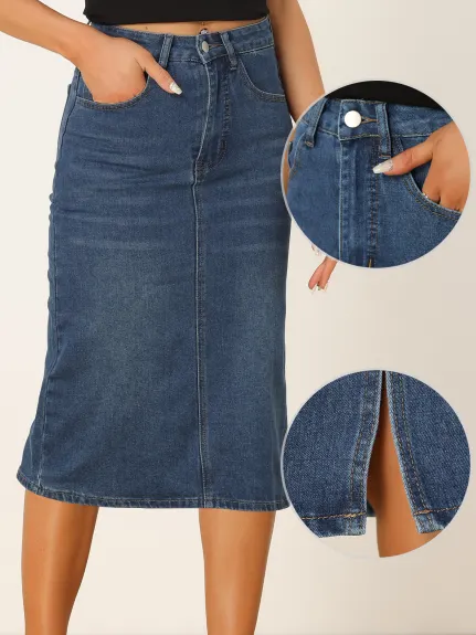 Allegra K- jupe Midi pour femme taille haute à dos fendu en Denim