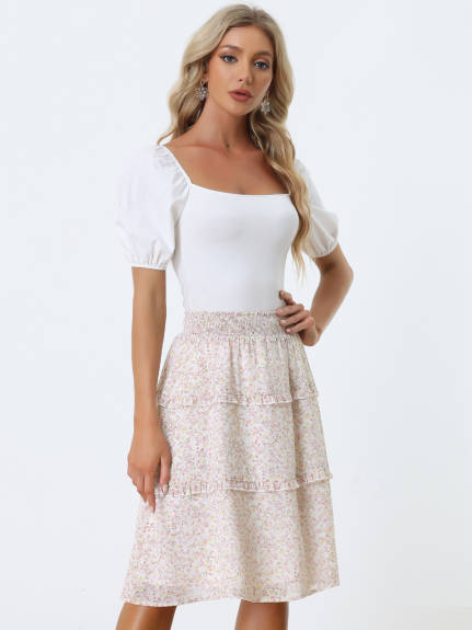 Allegra K- Smocked Waist Ruffle Tiered Floral Skirt