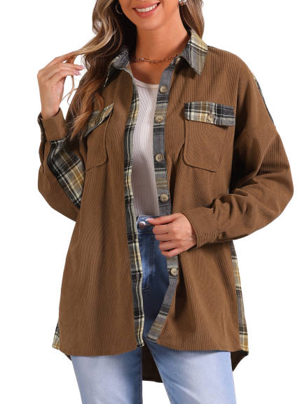 Allegra K - Waffle Patchwork  Long Sleeve Shirt Shacket