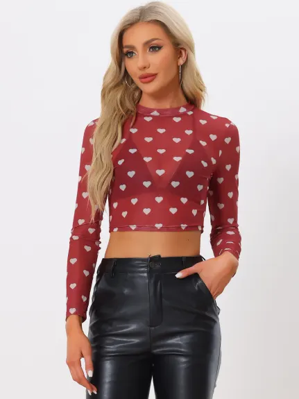 Allegra K- Semi-Sheer Blouse Heart Print Crop Mesh Top