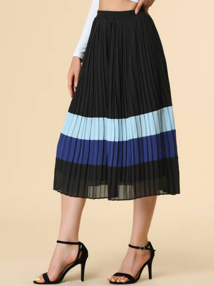 Allegra K- A-Line Color Block Pleated Chiffon Midi Skirt