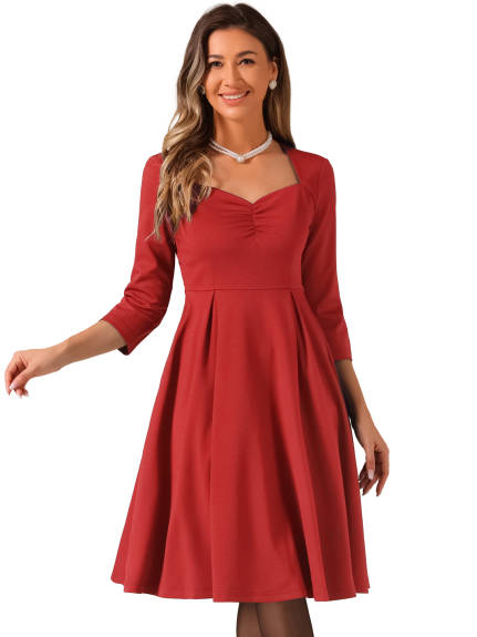 Allegra K- 3/4 Sleeve Sweetheart Neck Pleated Midi Dress