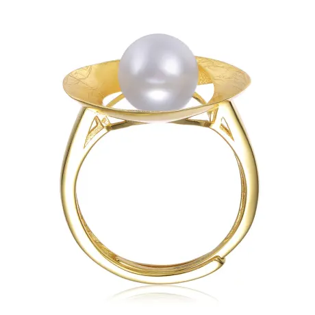 Genevive Sterling Silver 14k Gold Plated with Genuine Freshwater Pearl Geometric Ring