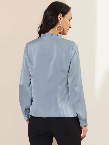 Allegra K- Satin Ruffle Tie Neck Long Sleeve Blouse