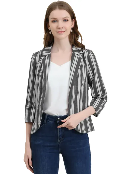 Allegra K- Casual Striped 3/4 Sleeves Open Front Notched Lapel Blazer