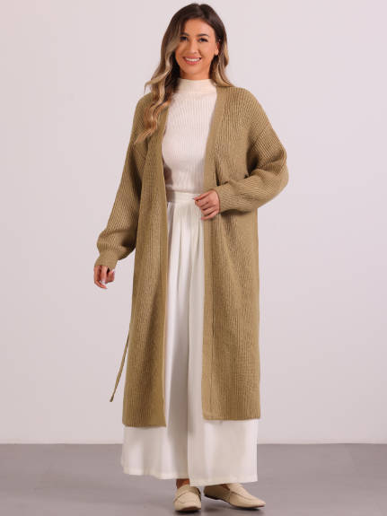 Allegra K - Open Front Sweater Belted Long Cardigan