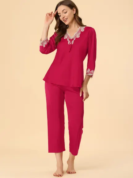 Allegra K - Lace Trim Solid Pajama Sets