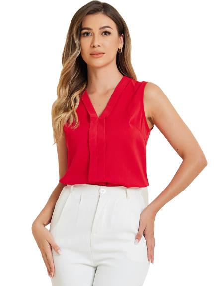 Allegra K - Pleated Front V Neck Sleeveless Work Blouse