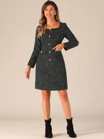 Allegra K - Robe à manches longues à encolure carrée en tweed à carreaux